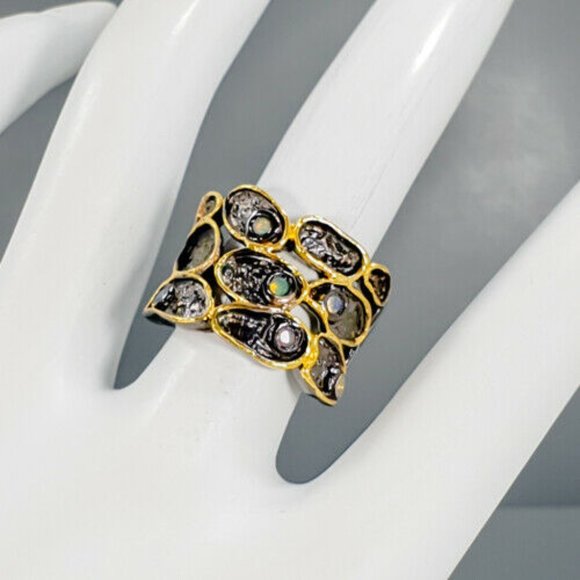 Artisan Opal Sterling & 14 kt Gold Ring - Picture 6 of 8